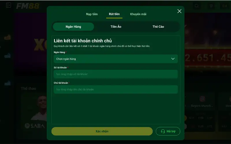Rút tiền từ tài khoản Fm88